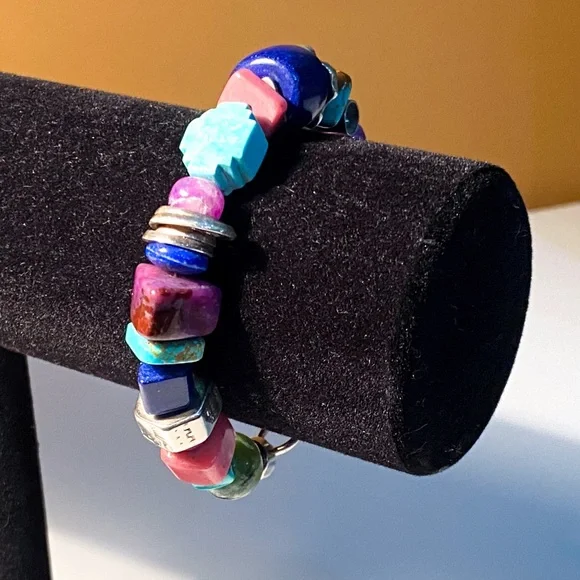 Harold Lujan Unsigned Bracelet w/ Sterling Hand Stamped Beads & Hand Cut Stones - Picture 2 of 16